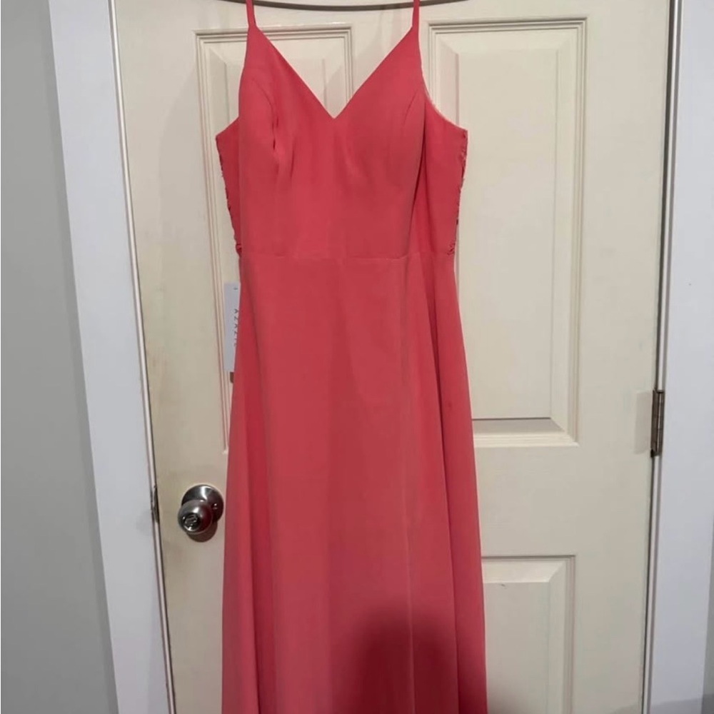 Azazie Pink Maxi Gown Spaghetti Strap Prom Dress - Picture 3 of 6